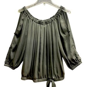 Cache Black Sheer Cold Shoulder Bow Hem Blouse Sz XS